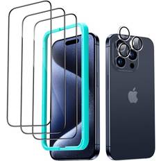 ESR for iPhone 15 Pro Max Screen Protector Set, 3 Tempered-Glass Screen Protectors and 1 Set Individual Lens Protectors, 2.5D Curved Full-Coverage Military-Grade Protection, Scratch Resistant