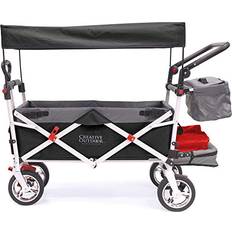 Creative Outdoor Distributor Push Pull Collapsible Folding Wagon Silver Series Plus Beach Park Garden & Tailgate Black with Canopy