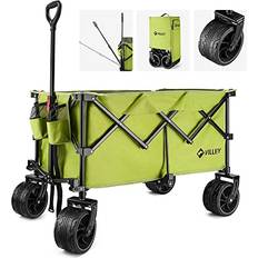 Beach cart wheels VILLEY Collapsible Wagon with Big Wheels, Enlarged 225lbs Load Capacity Beach Wagon, Heavy Duty Folding Wagon Cart with 2 Cup Holders, Portable Utility Foldable Garden Cart for Outdoor, Camping, Green