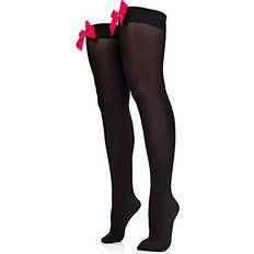 Women Pantyhose Skeleteen Bow Accent Thigh Highs Black Over the Knee High Stockings with Pink Satin Ribbon Bow Accent for Women and Girls