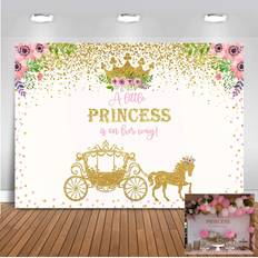 Mocsicka Gold Carriage Baby Shower Backdrop 7x5ft Vinyl Little Princess Gold Dots Baby Shower Photo Backdrops Gold Crown Floral Baby Shower Party Photography Background