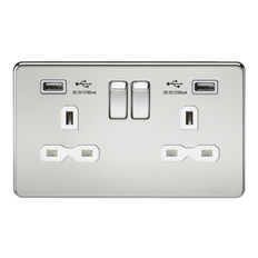 Knightsbridge 13A 2G Screwless Polished Chrome 2G Switched Socket with Dual 5V USB Charger Ports White Insert