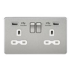 Knightsbridge 13A 2G Screwless Brushed Chrome 2G Switched Socket with Dual 5V USB Charger Ports White Insert