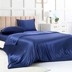 Luxbedding Satin King, Soft Silk Bed Sheet Blue