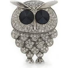 Transparent Brooches Avalaya Clear Diamante 'Owl' Brooch in Rhodium Plating 47mm Length