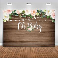 Mocsicka Rustic Wood Baby Shower Backdrop 7x5ft Oh Baby Floral Baby Shower Photo Backdrops Brown Wood Light Flower Baby Shower Photography Background