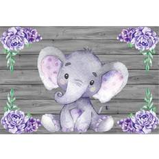 Laeacco Laeacco Cute Purple Elephant Backdrops 7x5ft Polyester Photography Background Wooden Texture Wall with Purple Flowers Baby Shower Girls Baby Birthday Party Decoration Backdrops