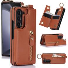 XIMAND XIMAND for Samsung Galaxy Z Fold 5 Wallet Case with Zipper and Credit Card Holder, Cash Slot, Premium Leather Magnetic Clasp Kickstand Heavy Duty Ring Protective Cover.Brown