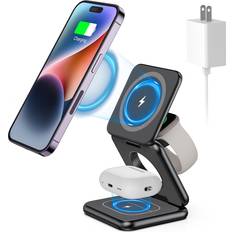 Foldable Magnetic Charger, Aluminum Alloy 3 in 1 Charging Station for Apple, KU XIU 15W Fast Mag-Safe Wireless Charger for iPhone 14 13 12 Pro/Max/Plus, AirPods 3/2/Pro, iWatchAdapter Included Black