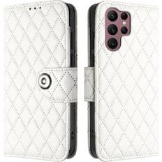 White Case For Samsung Galaxy S22 Ultra 5G Wrist Strip Card Holder Shockproof Stylish Protective Wallet Cover