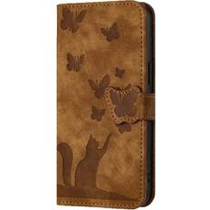 Google Pixel 6a Wallet Cases GANGXUN Brown Case For Google Pixel 6A Card Pocket Flip Folio Embossed Butterfly Cat Holder Cover Wallet Case