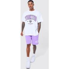 Tie Dye Paidat boohooMAN Oversized Tokyo Varsity T-shirt Set - Purple