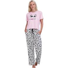 Forever 21 Women Underwear Forever 21 Yummy Printed Women's Pajama Set Short-Sleeve Top with Long Pants, Two-Piece Soft & Silky Pajamas Women, Fivem