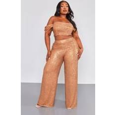 Bronze - Women Trousers PrettyLittleThing Plus Bronze Sequin High Waist Wide Leg Trouser, Brown