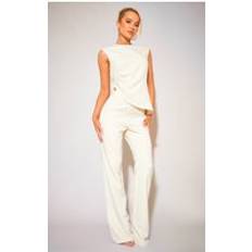 Flare Trousers PrettyLittleThing Cream Tailored Low Rise Skinny Flared Trousers, White