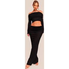 Slit Skirts PrettyLittleThing Black Sheer Burnout Mesh Fold Over Hem Low Rise Maxi Skirt, Black