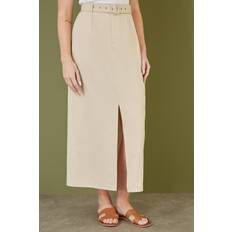 White Skirts Yumi Cotton Split Hem Midi Skirt, Natural