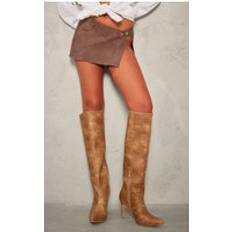 Cheap High Boots PrettyLittleThing Tan Distressed Pu Point Toe Knee High Heeled Boots, Brown