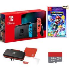 Game Consoles Nintendo New Switch Console with Neon Blue & Red Joy-Con Bundle with Mario Party Superstars 64GB Micro SD Included- PowerA Case and Screen Protector