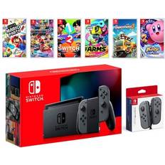 Game Consoles Nintendo 2019 New Switch Gray Joy-Con Console Multiplayer Party Game Bundle Extra Pair of Gray Joy-Con Super Mario Party Mario Kart 8 Deluxe 1-2 Switch Arms Overcooked 2 Kirby Star Allies