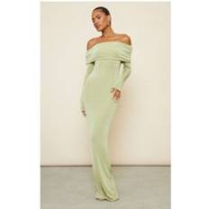 PrettyLittleThing Sage Green Acetate Slinky Bardot Long Sleeve Maxi Dress, Sage Green