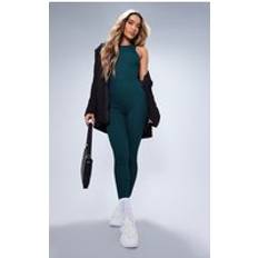 PrettyLittleThing Forest Green Racer Rib Jumpsuit, Forest Green