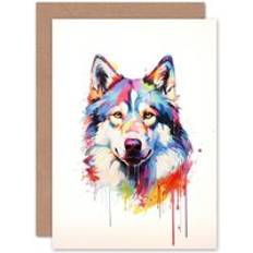 Cards & Invitations ARTERY8 Husky Dog Lover Gift Pet Portrait Rainbow Colours Artwork Painting Sealed Greeting Card Plus Envelope Blank inside Multi One Size