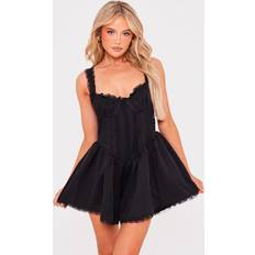PrettyLittleThing Black Woven Lace Detail Strappy Playsuit, Black