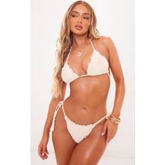 White Bikini Tops PrettyLittleThing Cream Frill Edge Plaited Strap Triangle Bikini Top, White