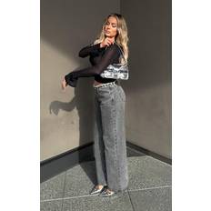 PrettyLittleThing Petite Washed Grey Fray Waist Low Rise Straight Leg Jeans, Washed Grey