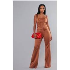 Orange Jumpsuits & Overalls PrettyLittleThing Rust Satin Lace Up Boned Strappy Wide Leg Jumpsuit, Orange