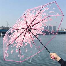 Transparent Paraplyer Shein 1PC Folding Umbrella, Convenient To Carry Cute And Fresh Umbrellas, Simple Forest Cherry Blossom Transparent Umbrella, Cute Cherry Blossom Pattern Tra