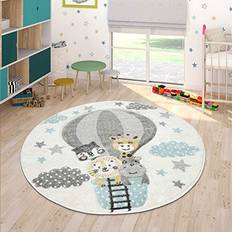 Paco Home Nursery Rug for Kids Cute Animals on a Air Balloon in Cream Blue Cream