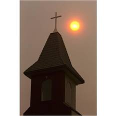 Orange Posters BrainBoosters Silhouette of Church Steeple with Sun Ball Hazy Sky Poster