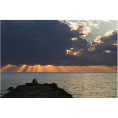 Orange Posters BrainBoosters Dramatic Sky with Sun Rays Reaching Down To The on The Horizon Out of Storm Clouds Print Poster