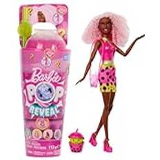 Barbie Pop Reveal Tea Puppe und Zubehör, duftende Berry-Bliss-Modepuppe mit Haustier, 8 Überraschungen, darunter Farbwechsel, Becher zur Aufbewahrung, HTJ20