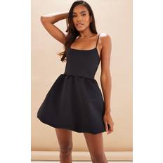 PrettyLittleThing Black Strappy Scuba Puffball Dress, Black