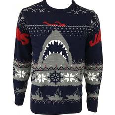 JAWS L, Navy/Grey/Red Jaws Unisex Adult Shark Christmas Sweatshirt Blue