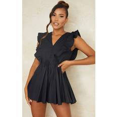 Women Jumpsuits & Overalls PrettyLittleThing Black Poplin Button Detail Flare Short Playsuit, Black