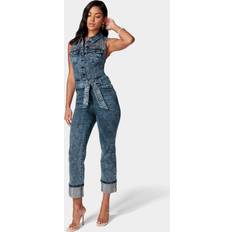 Bebe Sequin Sleeveless Cuffed Slim Leg Denim Jumpsuit