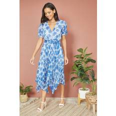 Rayon Dresses Yumi Floral Pleat Midi Wrap Dress, Blue