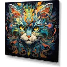 Design Art Cosmic Teal Cat With Mysterious Gaze Multicolor Framed Art 16x16"