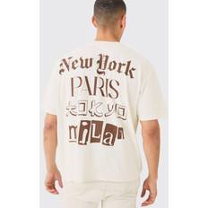 Linen T-shirts boohooMAN Mens Oversized Washed Location Slogan T-shirt Cream