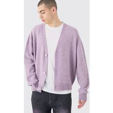 Herren - Lila Cardigans boohooMAN Boxy Brushed Knit Cardigan - Lilac