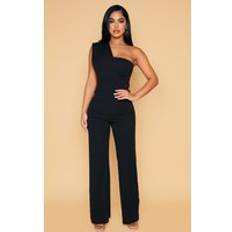 Women Jumpsuits & Overalls PrettyLittleThing Petite Black One Shoulder Drape Jumpsuit, Black