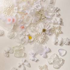 Shein 100 PCS Pack 3D White Series Resin Butterfly Nail Art Charm Rose Peach Skirt Bow Cream