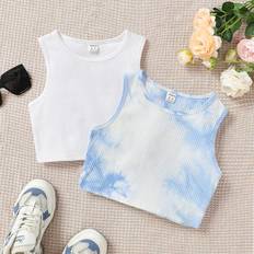 Blue Tank Tops Children's Clothing Shein 2pcs/Set Tween Girls' Sports Sweet And Cool Knitted Round Neck Sleeveless Tank Top