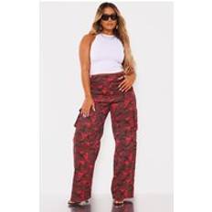 Cargo Trousers - Red PrettyLittleThing Shape Red Camo Print Pocket Detail Wide Leg Cargo Trousers, Red