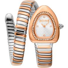 Just Cavalli damklocka, tvåfärgad silver och roséguld färgfodral, silverurtavla, tvåfärgad silver och roséguld färgat metallarmband, 2 händer, 3 ATM, Två toner silver & roséguld färg, Armband
