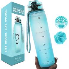 Turquoise Water Containers Live Infinitely 24 oz Water Bottle with Marker Insulated Measured Water Tracker Screen BPA Free Gym Water Bottle Locking Flip Top Rubberized Teal, 24oz